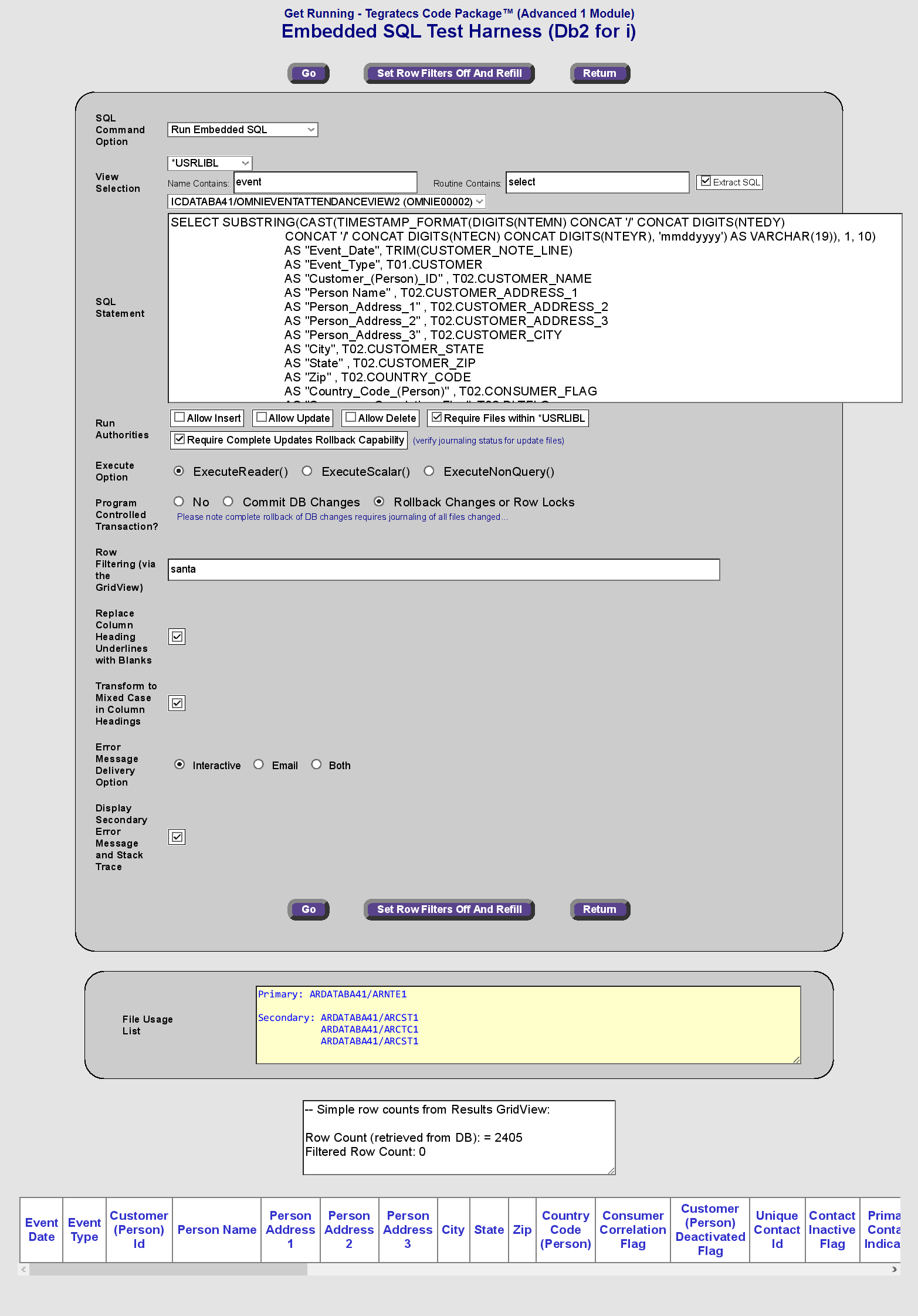 Embedded SQL Test Harness (Db2 for i) example showing running dynamic SQL with GridView filtering